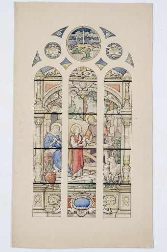 Ensemble de 2 verrières historiées : Sainte Famille, apparition de la Vierge à Pontmain (baies 2 et 4) - Église paroissiale Saint-Crespin-et-Crespinien, Larchamp