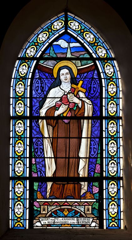 Ensemble de 4 verrières à personnage : saint Paul, saint Louis, Vierge à l'Enfant, sainte Thérèse de l'Enfant Jésus (baies 1 à 4) - Église saint-Pierre, Assé-le-Riboul