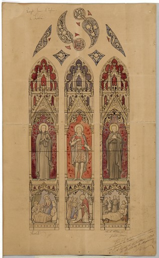 Ensemble de 2 verrières à personnages : saint Gabriel, saint Michel, saint Raphaël ; saint Stanislas Kotska, saint Louis de Gonzague, saint Jean Berchmans (baies 5 et 6) - Église Notre-Dame-de-l'Assomption, Livré-la-Touche