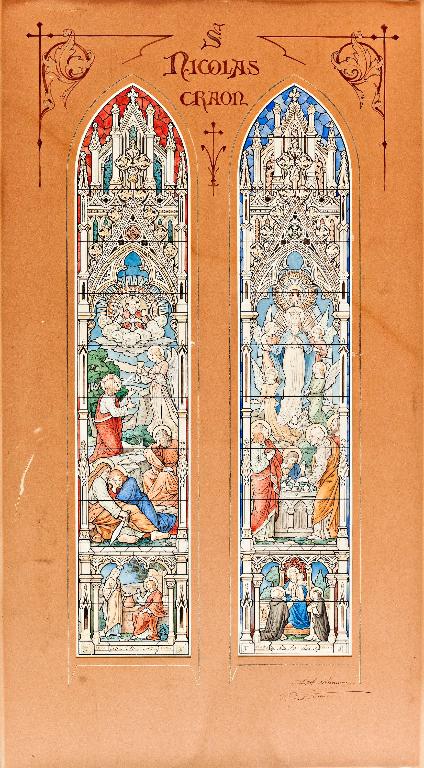 Ensemble de 2 verrières historiées : l'agonie au jardin des oliviers, la Vierge intercédant pour l'Eglise auprès de la Trinité, le portement de croix, l'assomption (baies 3 et 4) - Église paroissiale Saint-Nicolas, Craon