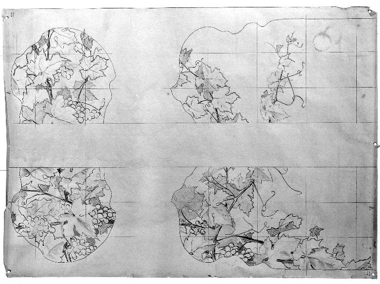 Ensemble de 3 verrières décoratives : pampre, branches de pommier, allégories de l'écriture et de la lecture - Maison, 2-4 rue de Bergault, Bazougers