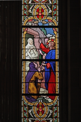 Verrière historiée : Jésus marchant sur les eaux, la résurrection de Lazare, la femme adultère, le repas chez Simon (baie 7) - Église Saint-Sulpice, Le Genest-Saint-Isle (Le Genest)