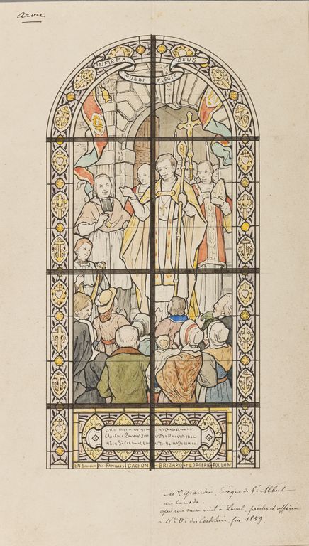 Ensemble de 6 verrières : Monseigneur Grandin devant l'église des Cordeliers à Laval, saint Ortaire prêchant à Aron, éducation de la Vierge, messe de saint Martin, fuite en Égypte, saint Augustin - Église paroissiale Saint-Martin, Aron