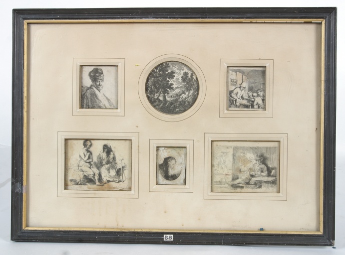 Ensemble de 6 estampes : portrait d'homme, paysage, leçon de lecture, deux femmes assises, portrait de vieillard et scène de cabaret - Collection Robert-Glétron
