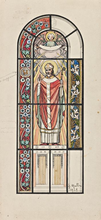 Ensemble de 6 verrières : Saint Pierre, saint Julien, sainte Jeanne d'Arc, sainte Thérèse de l'Enfant Jésus, armoiries (baies 1 à 6) - Institution Saint-Louis, Le Mans