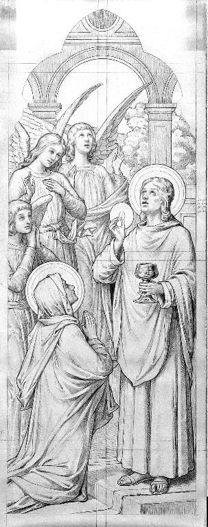Ensemble de 2 verrières historiées : communion de la Vierge, noces de Cana (baies 3 et 4) - Église paroissiale Saint-Corneille-et-Saint-Cyprien, La Baconnière