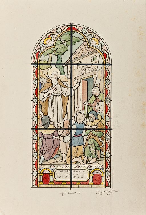 Ensemble de 6 verrières : Monseigneur Grandin devant l'église des Cordeliers à Laval, saint Ortaire prêchant à Aron, éducation de la Vierge, messe de saint Martin, fuite en Égypte, saint Augustin - Église paroissiale Saint-Martin, Aron