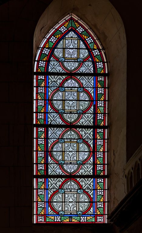 Ensemble de 6 verrières décoratives (baies 9 à 14) - Église paroissiale Saint-Cyr, Saint-Cyr-en-Pail