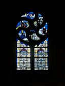 Verrière historiée : adoration des bergers (baie 3) - Église paroissiale Saint-Sixte, La Chapelle-Rainsouin
