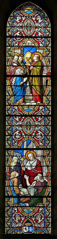 Ensemble de 2 verrières historiées : ascension, saint Michel terrassant le dragon, scènes de la vie de saints (baies 105 et 106) - Église paroissiale Notre-Dame-de-l'Assomption, Chailland