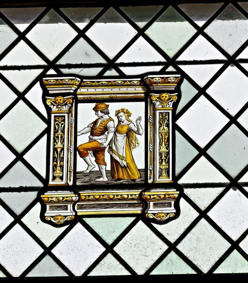 Ensemble de 4 verrières figurées géométriques : figures en médaillon, scènes de chasse et de fête - Château de Saint-Ouen, Chemazé