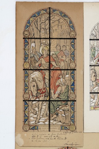 Ensemble de 2 verrières historiées : charité de saint Martin, sainte Jeanne d'Arc entendant les voix (baies 9 et 10) - Église paroissiale Saint-Martin, Loupfougères