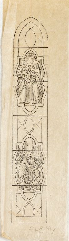 Ensemble de 2 verrières historiées : ascension, saint Michel terrassant le dragon, scènes de la vie de saints (baies 105 et 106) - Église paroissiale Notre-Dame-de-l'Assomption, Chailland