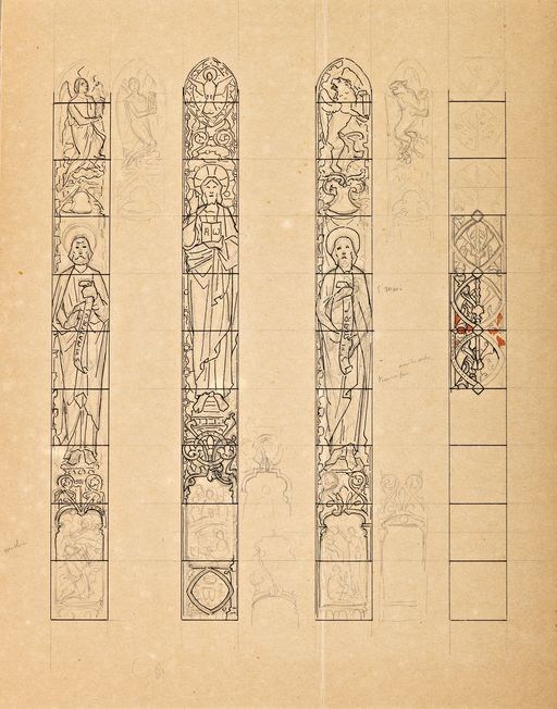 Ensemble de 3 verrières à personnage : Christ enseignant, saint Pierre, saint Étienne (baies 0 à 2) - Église paroissiale Saint-Vincent, Brézé