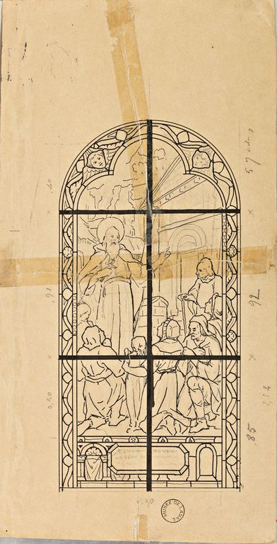 Ensemble de 6 verrières : Monseigneur Grandin devant l'église des Cordeliers à Laval, saint Ortaire prêchant à Aron, éducation de la Vierge, messe de saint Martin, fuite en Égypte, saint Augustin - Église paroissiale Saint-Martin, Aron