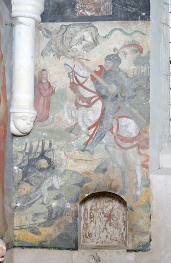 Peinture monumentale : vision de saint Hubert, sainte Barbe, saint Georges terrassant le dragon, saint Christophe