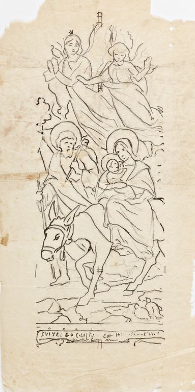 Ensemble de 6 verrières : Monseigneur Grandin devant l'église des Cordeliers à Laval, saint Ortaire prêchant à Aron, éducation de la Vierge, messe de saint Martin, fuite en Égypte, saint Augustin - Église paroissiale Saint-Martin, Aron