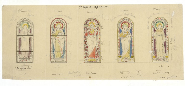 Ensemble de 5 verrières à personnage : Sacré Cœur, saint Jean l'évangéliste, sainte Marie Madeleine, saint François de Sales, saint François d'Assise (baies 0 à 2) - Église paroissiale Notre-Dame, Montaudin