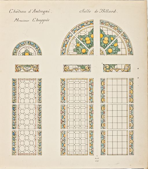 Ensemble de 5 verrières décoratives : paysage, fruits, orangers - Château d'Antoigné, Sainte-Jamme-sur-Sarthe