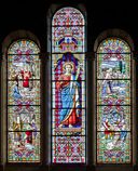 Verrière historiée : vie de saint Quentin et verrière géométrique (baie 0 et baie occidentale) - Église paroissiale Saint-Quentin, Saint-Quentin-les-Anges
