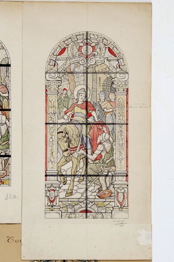 Ensemble de 2 verrières historiées : charité de saint Martin, sainte Jeanne d'Arc entendant les voix (baies 9 et 10) - Église paroissiale Saint-Martin, Loupfougères