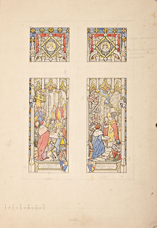 Verrière historiée : conclusion du traité d'Arras en 1435, réception du roi René et de Jeanne de Laval à Tours en 1455 - Château de Lorrière, Dissé-sous-le-Lude