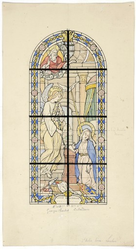 Ensemble de 2 verrières historiées : annonciation, la Samaritaine au puits (baies 3 et 4) - Église paroissiale Saint-Aubin, Saint-Aubin-Fosse-Louvain