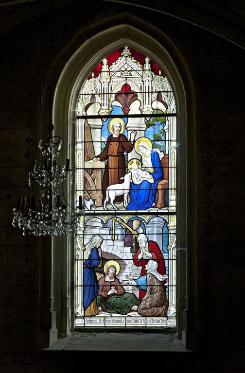 Verrière historiée : Sainte Famille à l'atelier, mort de saint Alexis d'Edesse (baie 4) - Église paroissiale Saint-Sixte, La Chapelle-Rainsouin