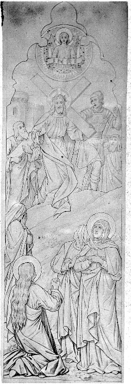 Ensemble de 2 verrières historiées : l'agonie au jardin des oliviers, la Vierge intercédant pour l'Eglise auprès de la Trinité, le portement de croix, l'assomption (baies 3 et 4) - Église paroissiale Saint-Nicolas, Craon