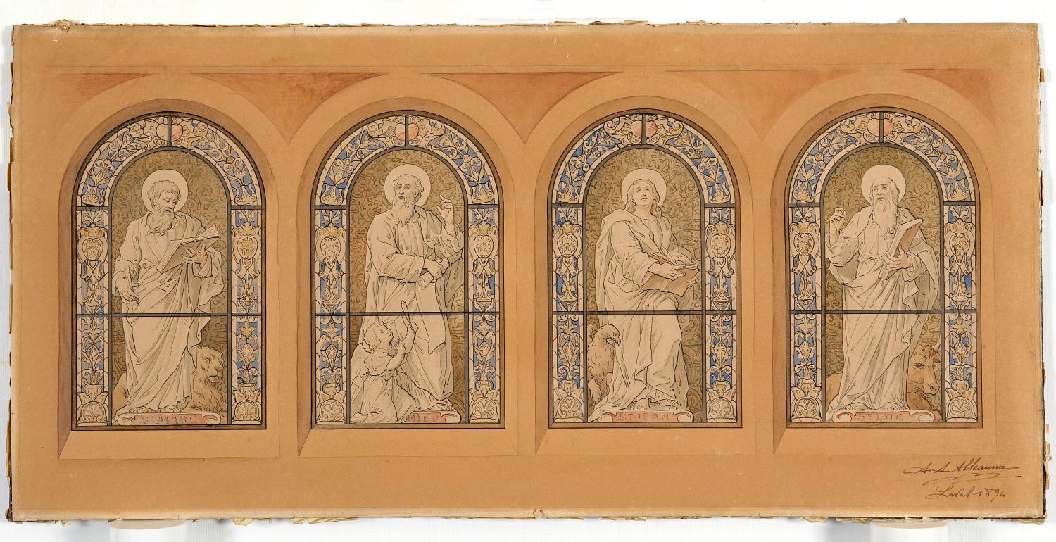 Ensemble de 5 verrières figurées : Christ enseignant, Saint Marc, Saint Luc, Saint Matthieu et Saint Jean (baies 0, 1, 2, 3 et 4)