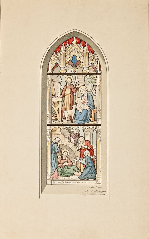 Verrière historiée : Sainte Famille à l'atelier, mort de saint Alexis d'Edesse (baie 4) - Église paroissiale Saint-Sixte, La Chapelle-Rainsouin