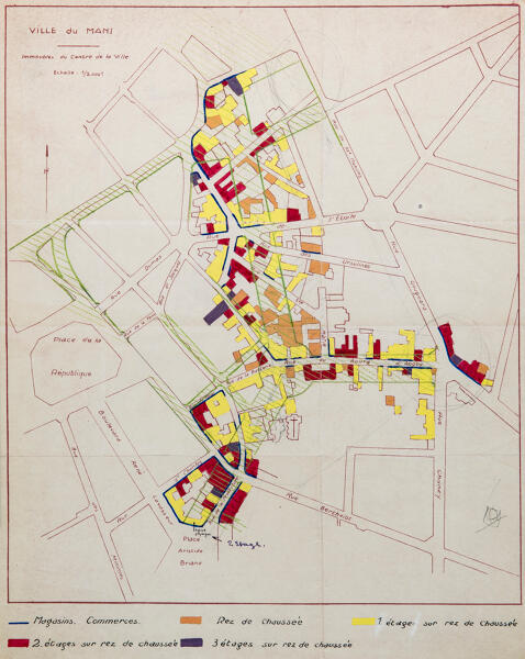 Plan d'aménagement du Mans (section centre-ville), Pierre Vago, 1947.