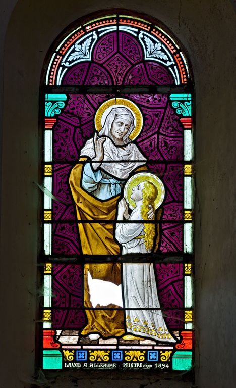 Ensemble de 2 verrières : éducation de la Vierge, apparition du Sacré Coeur à sainte Marguerite-Marie Alacoque (baies 7 et 8) - Église paroissiale Saint-Corneille-et-Saint-Cyprien, La Baconnière