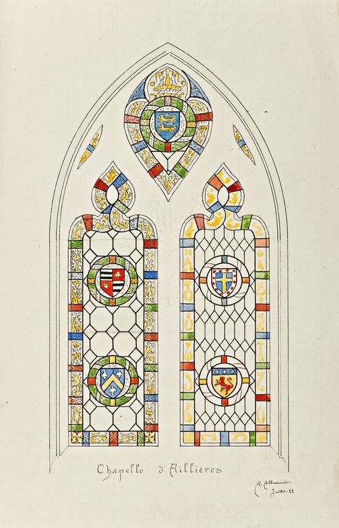 Ensemble de 2 verrières héraldiques (baies 3 et 5) - Église paroissiale Saint-Denis, Aillières-Beauvoir