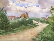 Paysage de terres hautes près du bourg, tableau par Gaston Chauvet vers 1900.