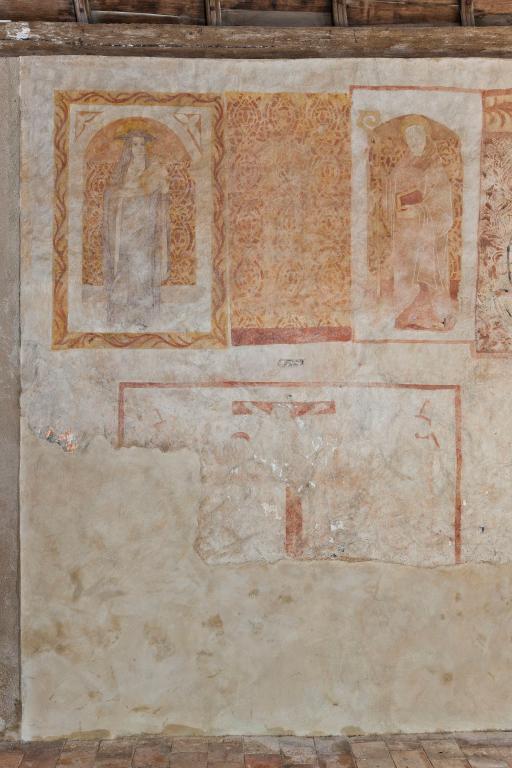 Peinture monumentale : saint Céneré, éducation de la Vierge, saint abbé, saint religieux - Chapelle Saint-Pierre, Saulges
