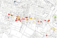 Faubourg Bizienne : maisons étudiées (rouge), repérées (orange) ; manoirs étudiés (bleu foncé), repéré (bleu clair) ; hôtels particuliers étudié (vert foncé), repérés (vert clair).