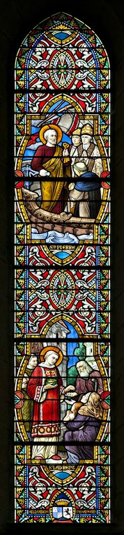 Ensemble de 2 verrières historiées : ascension, saint Michel terrassant le dragon, scènes de la vie de saints (baies 105 et 106) - Église paroissiale Notre-Dame-de-l'Assomption, Chailland