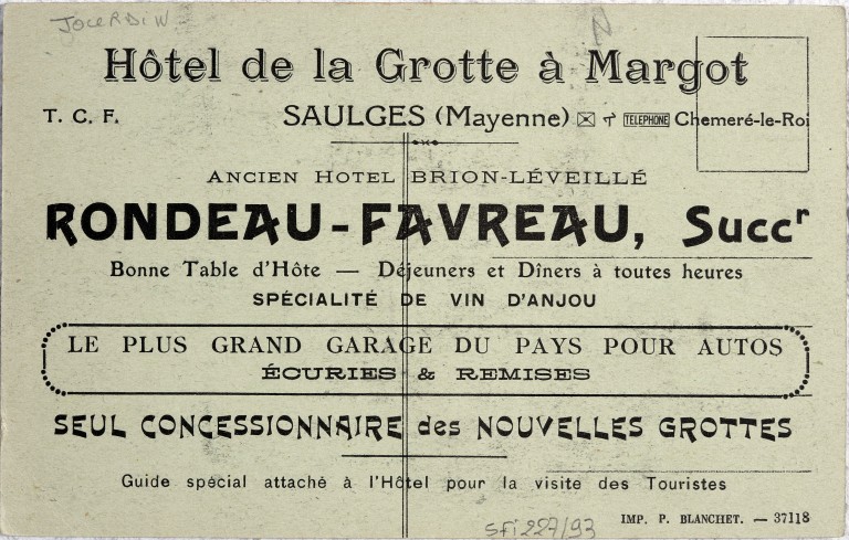 Hôtel-restaurant de la Grotte à Margot, puis des Grottes - 11 rue des Deux-Églises, Saulges