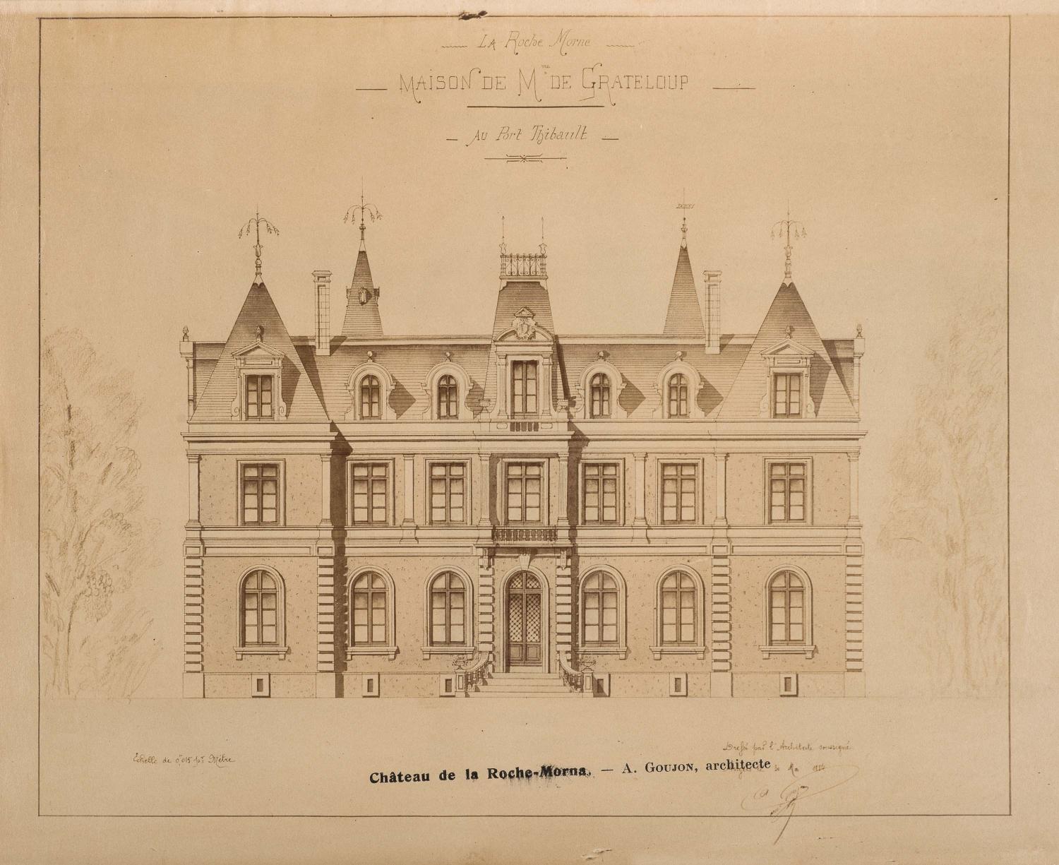 La Roche-Morna à Sainte-Gemmes-sur-Loire. Elévation présentée par Alexandre Goujon dans l'Album des architectes de l'Anjou pour l'exposition universelle de Paris en 1889 (Archives départementales de Maine-et-Loire ; 96 J 258). 