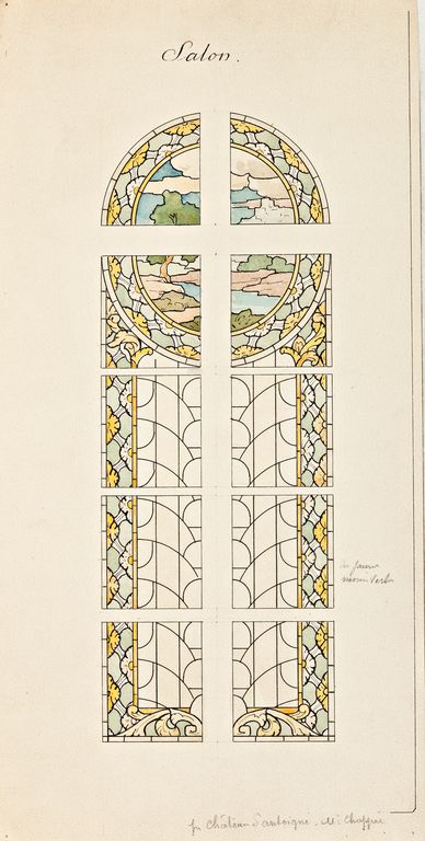 Ensemble de 5 verrières décoratives : paysage, fruits, orangers - Château d'Antoigné, Sainte-Jamme-sur-Sarthe