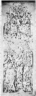 Carton partiel de la verrière du bras nord du transept de l'église Saint-Nicolas de Craon, représentant la Vierge intercédant pour l’Église auprès de la Trinité, dessiné par Ludovic Alleaume en 1893 et photographié par les photographes de l'Inventaire lors de la première opération d'inventaire des vitraux d'Auguste Alleaume en 1979.