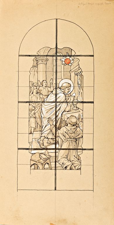 Ensemble de 6 verrières : Monseigneur Grandin devant l'église des Cordeliers à Laval, saint Ortaire prêchant à Aron, éducation de la Vierge, messe de saint Martin, fuite en Égypte, saint Augustin - Église paroissiale Saint-Martin, Aron