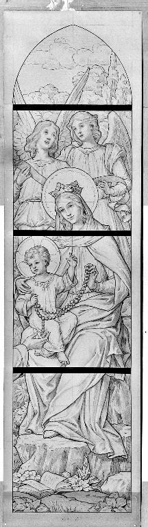 Ensemble de 2 verrières historiées : apparition de la Vierge à saint Dominique, apparition du Sacré-Cœur à sainte Marguerite-Marie Alacoque (baie 1 et 3) - Église paroissiale Saint-Crespin-et-Crespinien, Larchamp