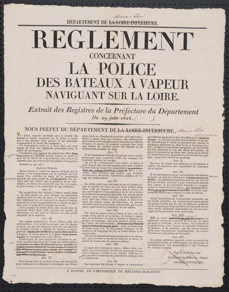 Règlement concernant la police des bateaux à vapeur naviguant sur la Loire. 1824. (Archives départementales de Maine-et-Loire, 121 S 3).