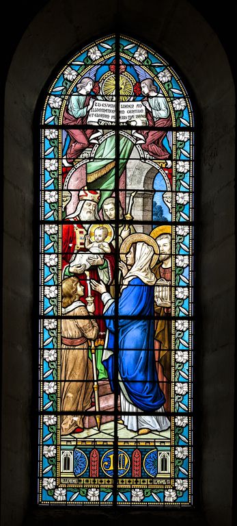 Ensemble de 5 verrières historiées : vie du Christ et de la Vierge (baies 0 à 4) - Église paroissiale Notre-Dame, Chassillé