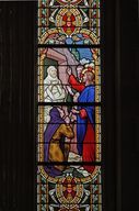 Verrière historiée : Jésus marchant sur les eaux, la résurrection de Lazare, la femme adultère, le repas chez Simon (baie 7) - Église Saint-Sulpice, Le Genest-Saint-Isle (Le Genest)