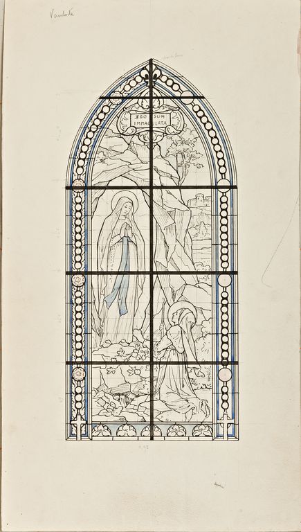 Ensemble de 3 verrières historiées : apparitions de la Vierge à Pontmain et à Lourdes, baptême du Christ (baies 9, 10 et 13) - Église paroissiale Saint-Aubin, Vautorte