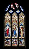 Ensemble de 2 verrières à personnages : saint Gabriel, saint Michel, saint Raphaël ; saint Stanislas Kotska, saint Louis de Gonzague, saint Jean Berchmans (baies 5 et 6) - Église Notre-Dame-de-l'Assomption, Livré-la-Touche