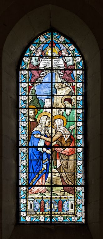 Ensemble de 5 verrières historiées : vie du Christ et de la Vierge (baies 0 à 4) - Église paroissiale Notre-Dame, Chassillé